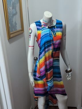 Cupio Rainbow Striped Sleeveless Tie-Neck Tunic